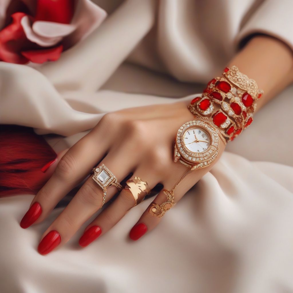 A fashion detail of a woman wearing a luxury watch and jewelry